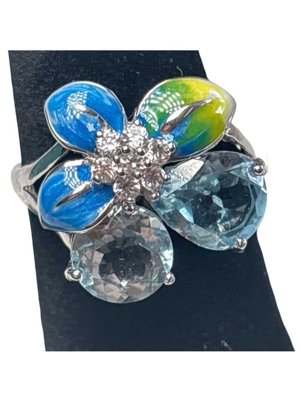 Vibrant Blue and Green Floral Gemstone Ring 925 Sterling Silver Size 8